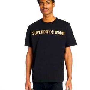 Superdry Mens CORPORATE FOIL LOGO T-Shirt Top Tee Black Gold Size Medium Large